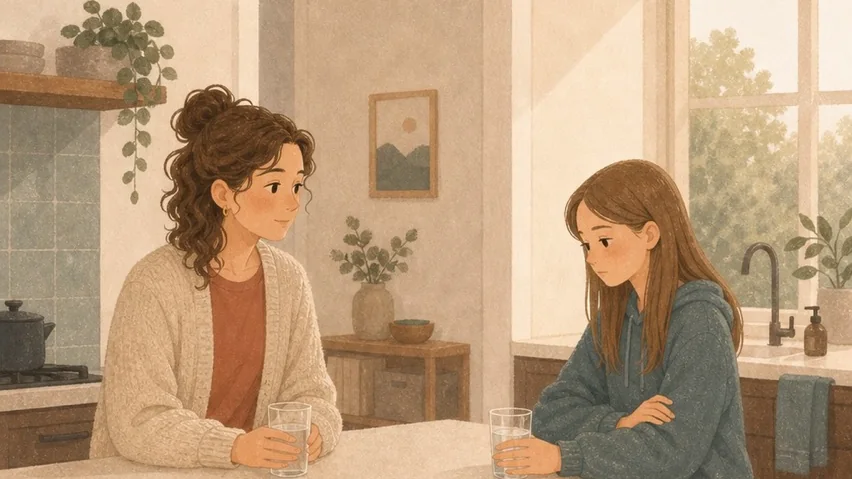 Parent and older child talking at a kitchen island