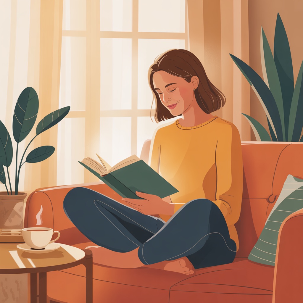 Mom reading a book about mom guilt on a cozy couch