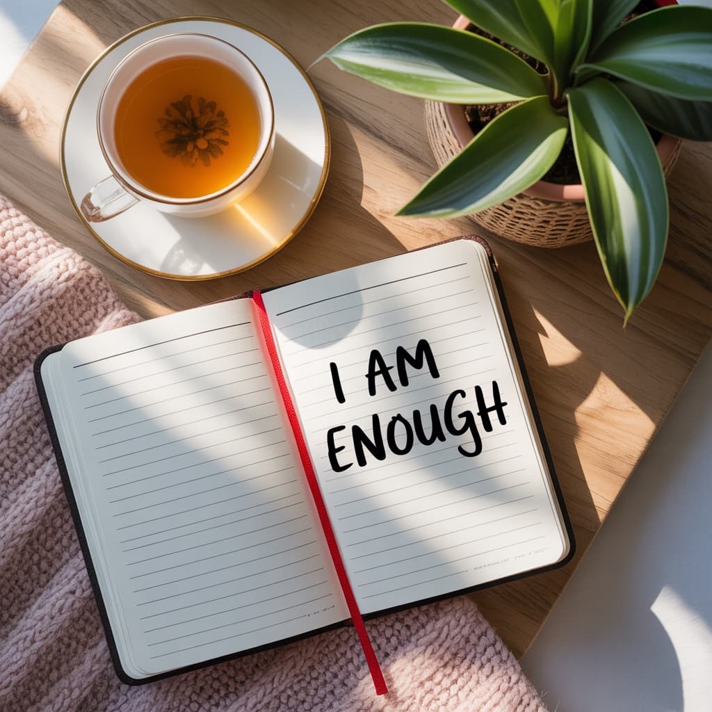 Overhead flat lay of a journal for reflecting on mom guilt