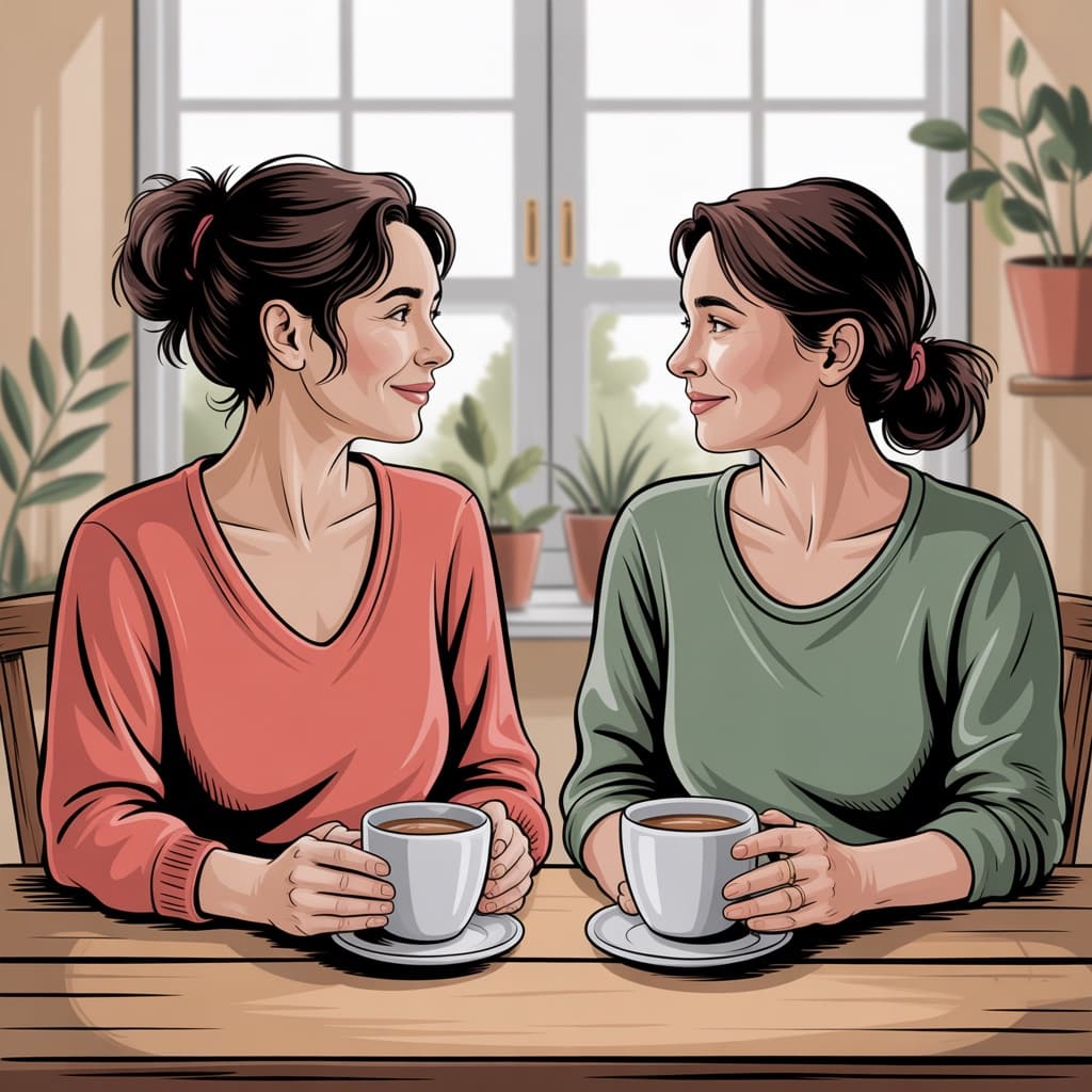 Two moms sitting together over coffee