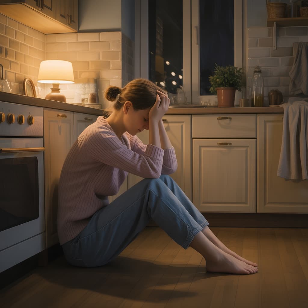 Exhausted mom sitting alone at night wondering if hating motherhood sometimes is normal