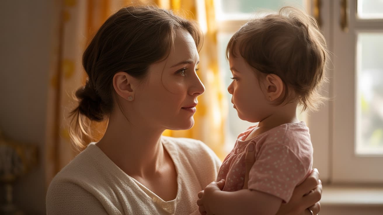 Tired mom looking at her child with love despite struggling with motherhood burnout