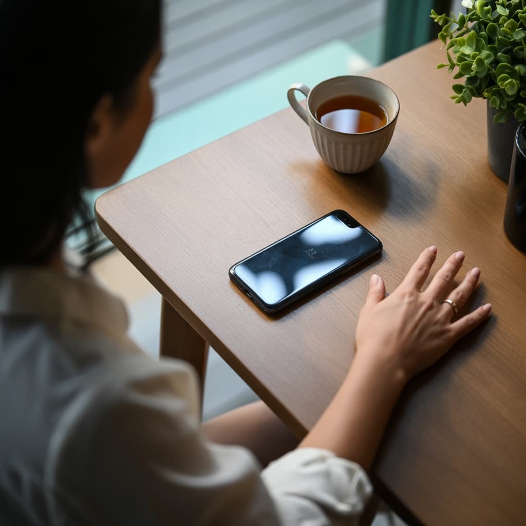 Parent placing a phone down to reduce social media comparison and mom guilt