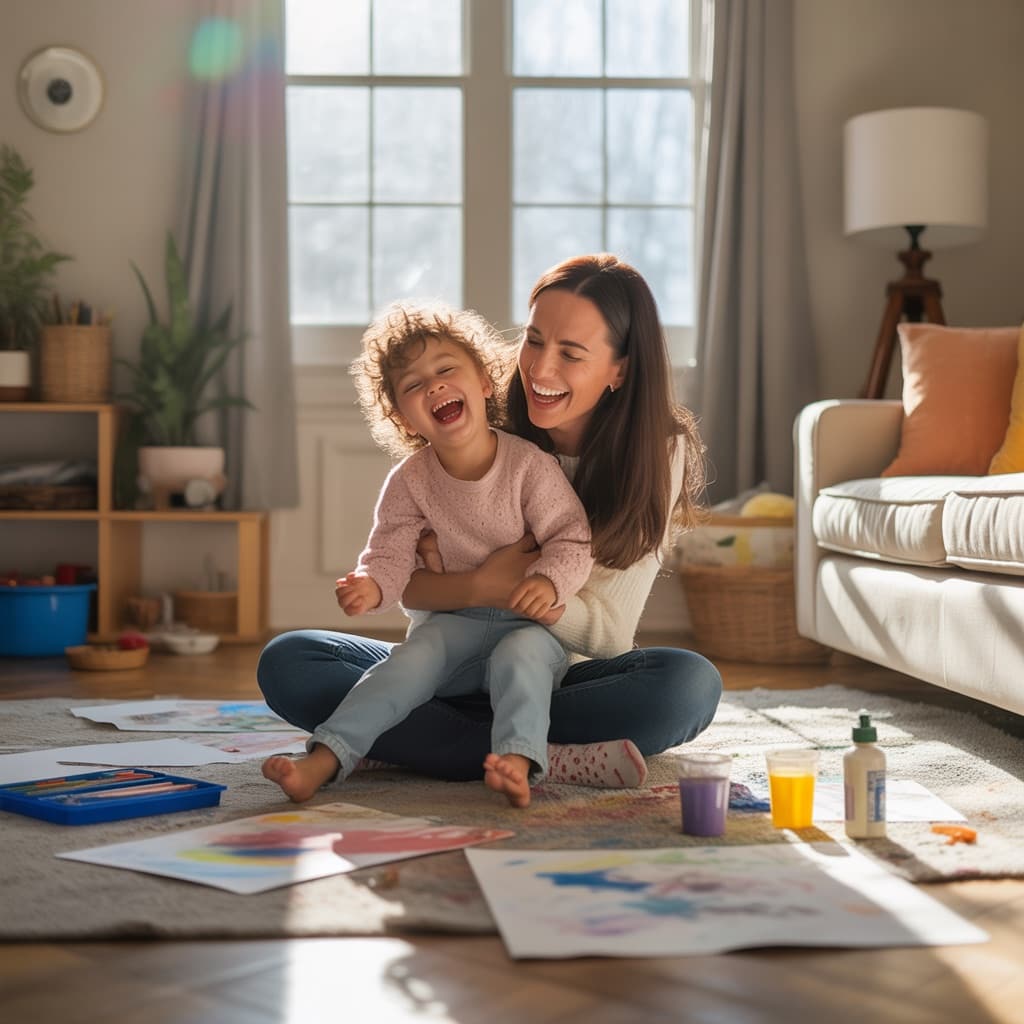Mom and child laughing together in a creative mess, joyful imperfect motherhood