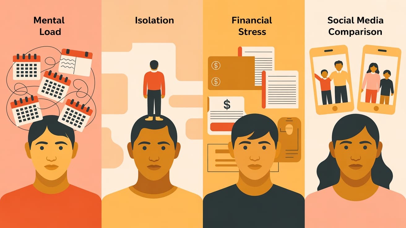 Infographic showing causes of parental overwhelm including mental load and isolation