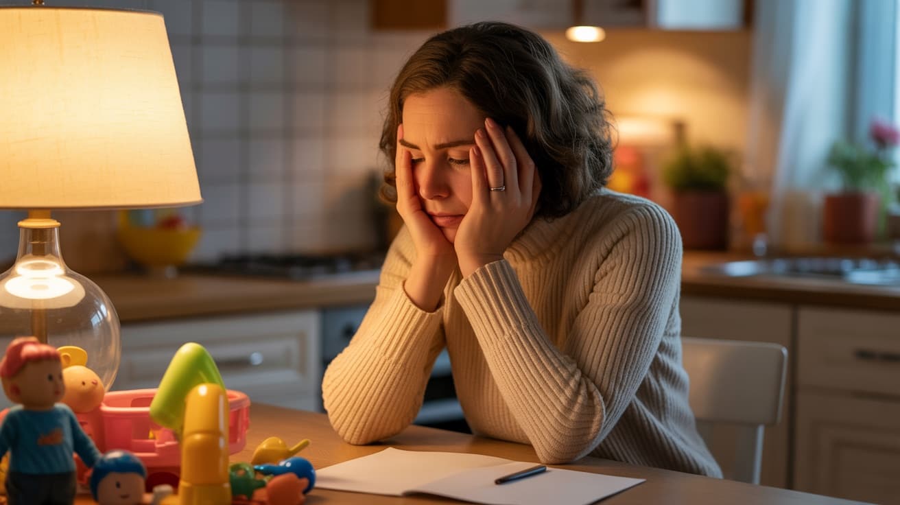 Exhausted parent showing signs of parenting burnout sitting at a kitchen table at night