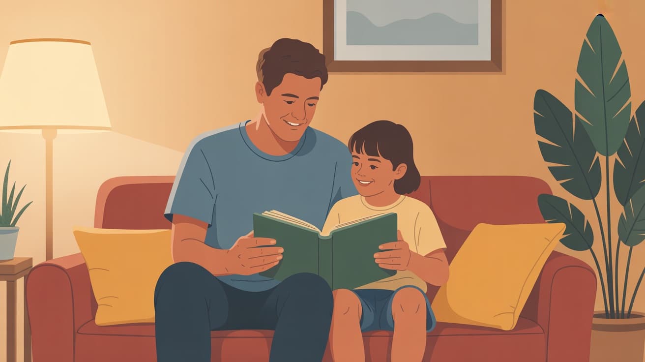Parent reconnecting with child after recovering from parenting burnout, reading together on the couch