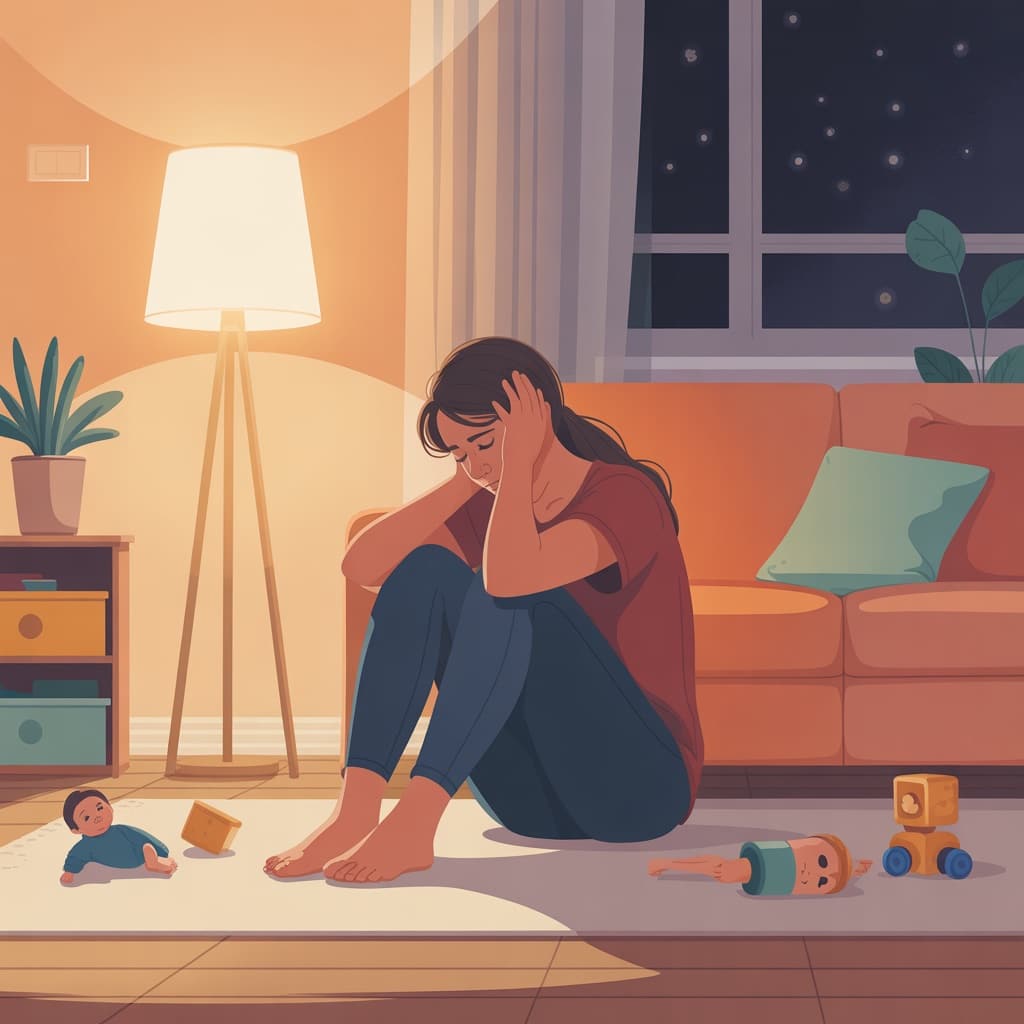 Tired but tender parent sitting alone while parenting feels lonely