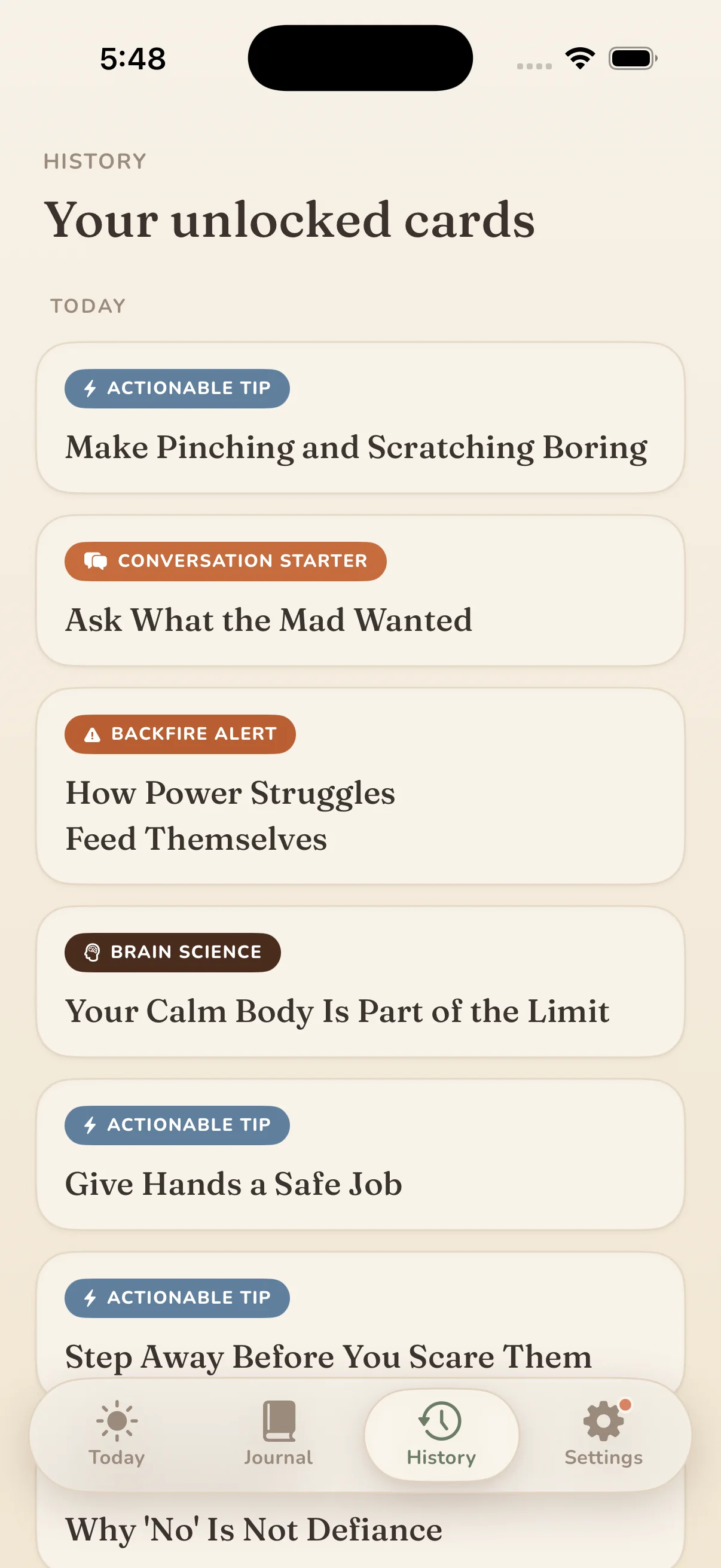 History screen: your unlocked cards