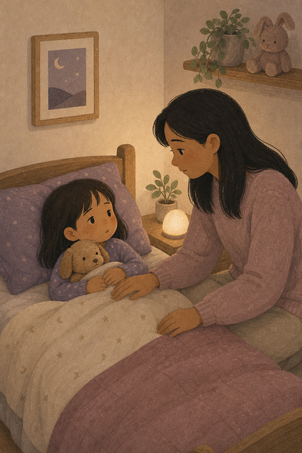 Parent comforting a young child at bedtime