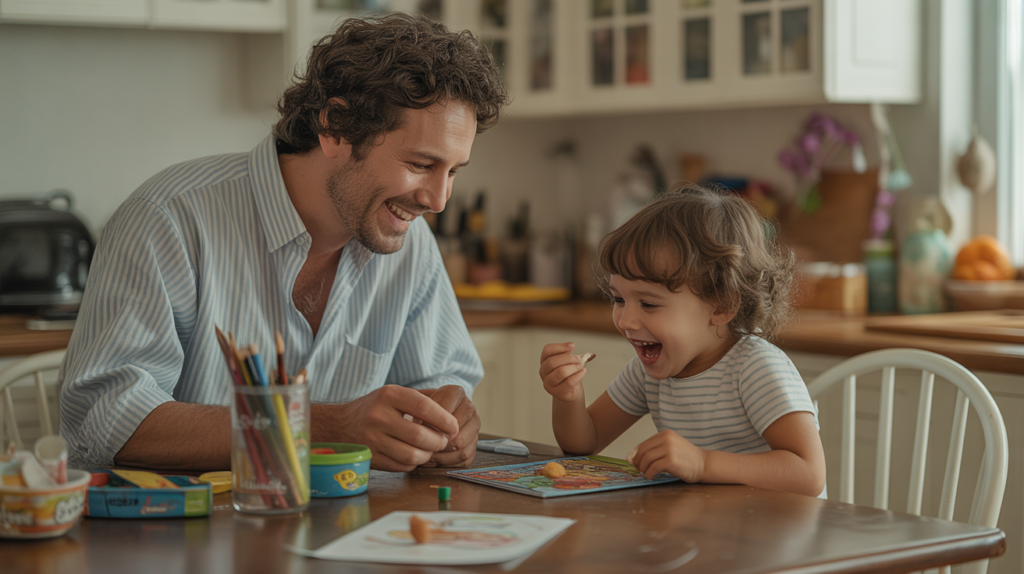 Father spending quality time with child at kitchen table, illustrating that presence matters more than perfection