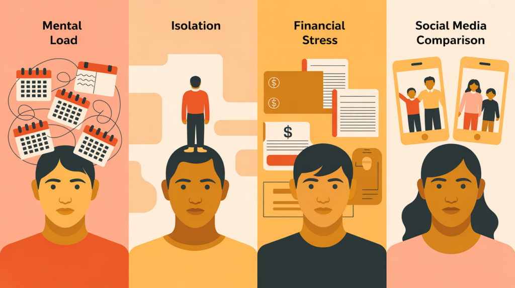 Infographic showing causes of parental overwhelm including mental load and isolation