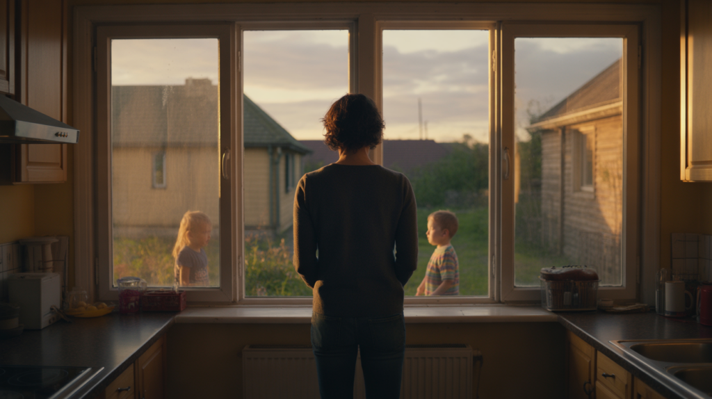 Parent standing alone at kitchen window, symbolizing the isolation that makes parenting so hard for modern families