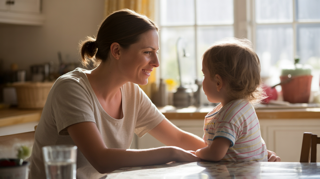 Tired parent sharing a gentle moment with their child — parenting doesn