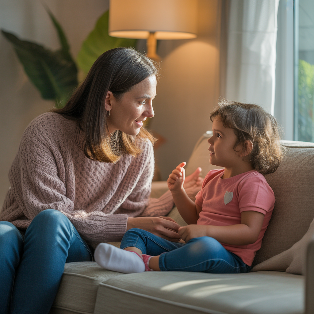 Parent and child having a calm conversation, repairing after a difficult moment