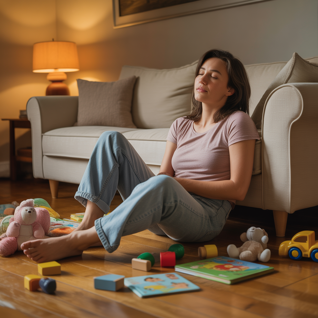 Exhausted parent resting on living room floor surrounded by children's toys, capturing why parenting is so hard