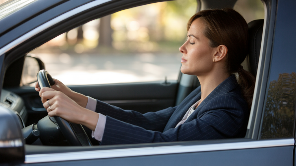 Working mom sitting in her car managing working mom guilt before heading into the office