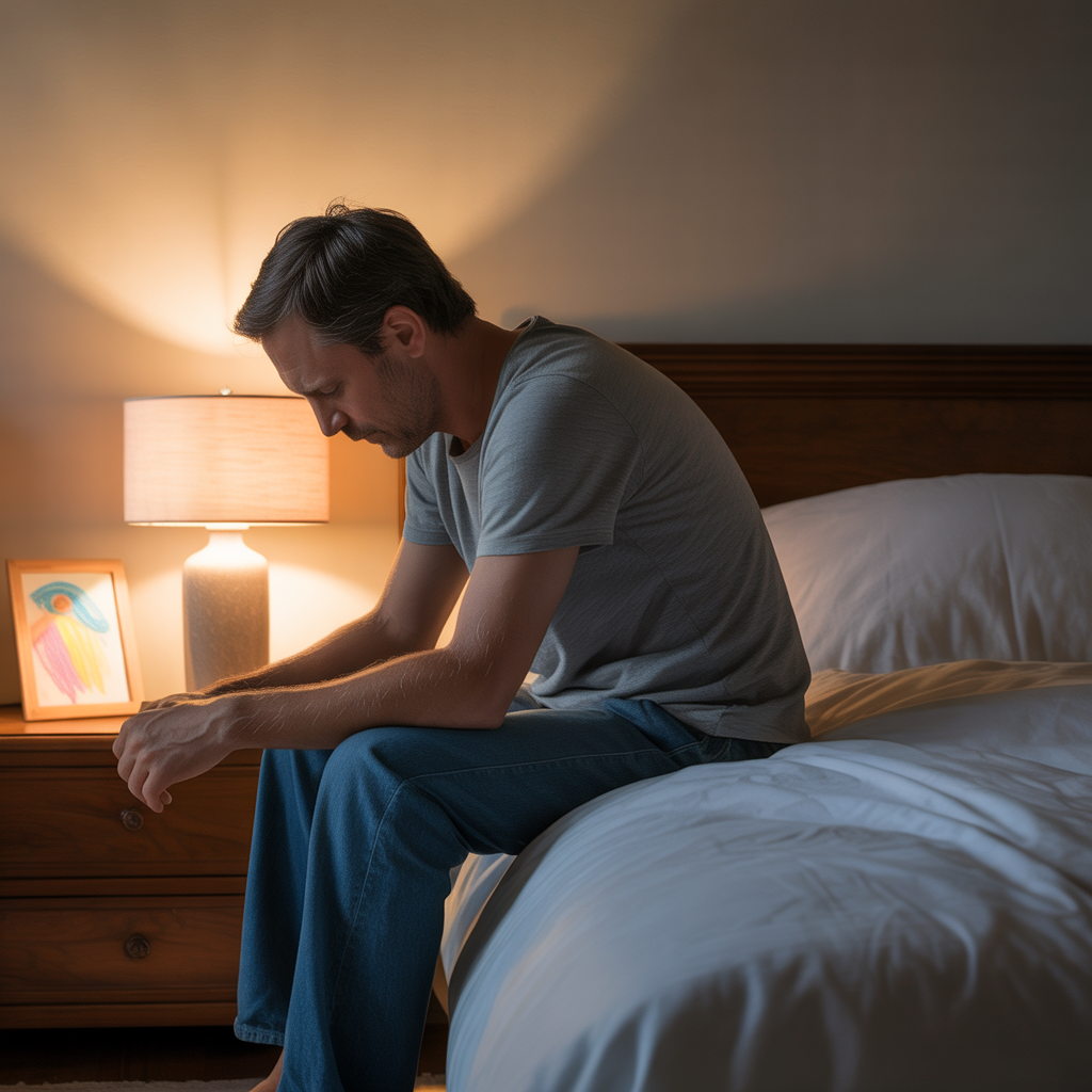 A father sitting quietly, reflecting on dad guilt in the early morning light