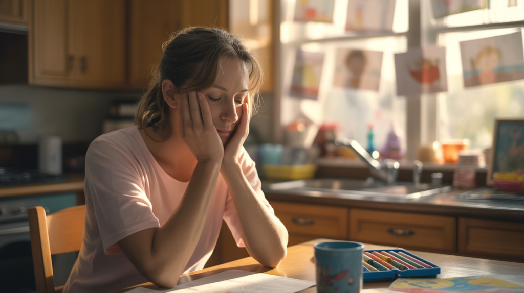 Overwhelmed parent sitting at kitchen table in morning light