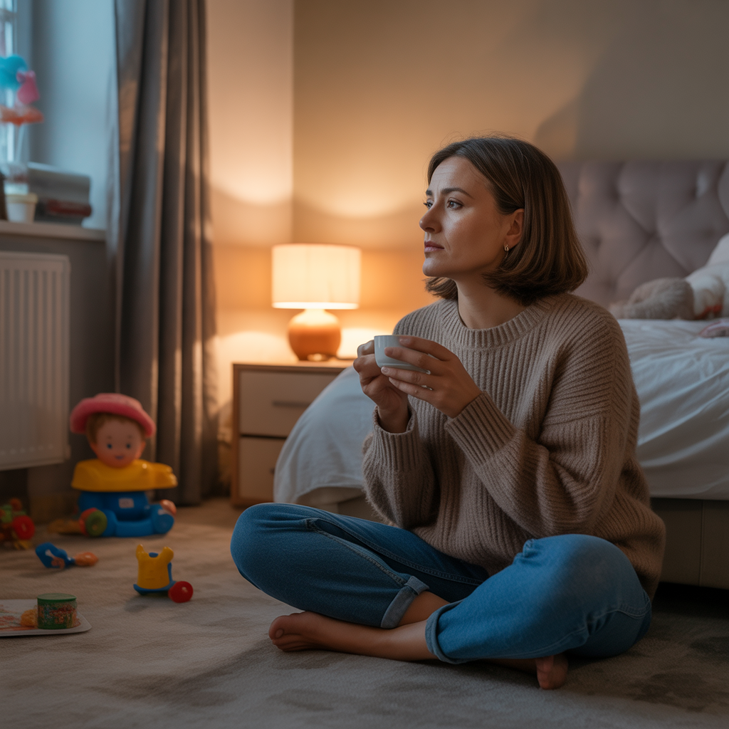Mom sitting quietly at night dealing with mom guilt, warm and reflective mood