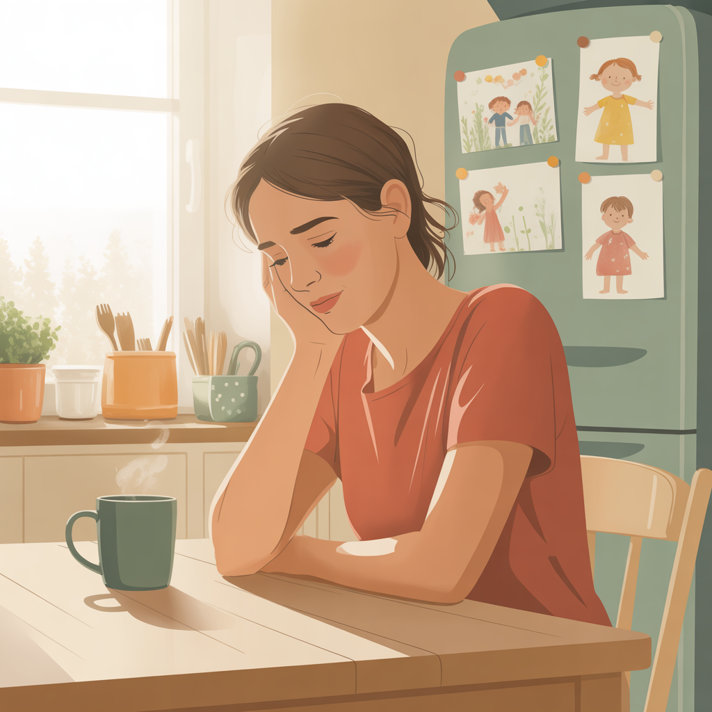 Exhausted parent finding a quiet moment at the kitchen table — coping when parenting feels too hard