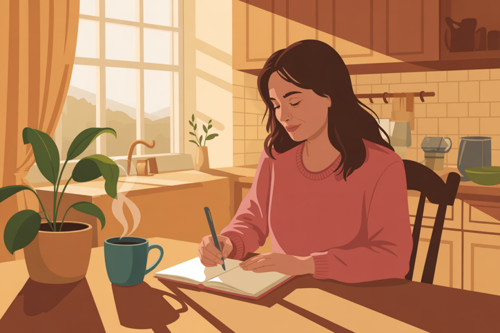 mom journaling with morning coffee, reflecting on parenting and mom guilt