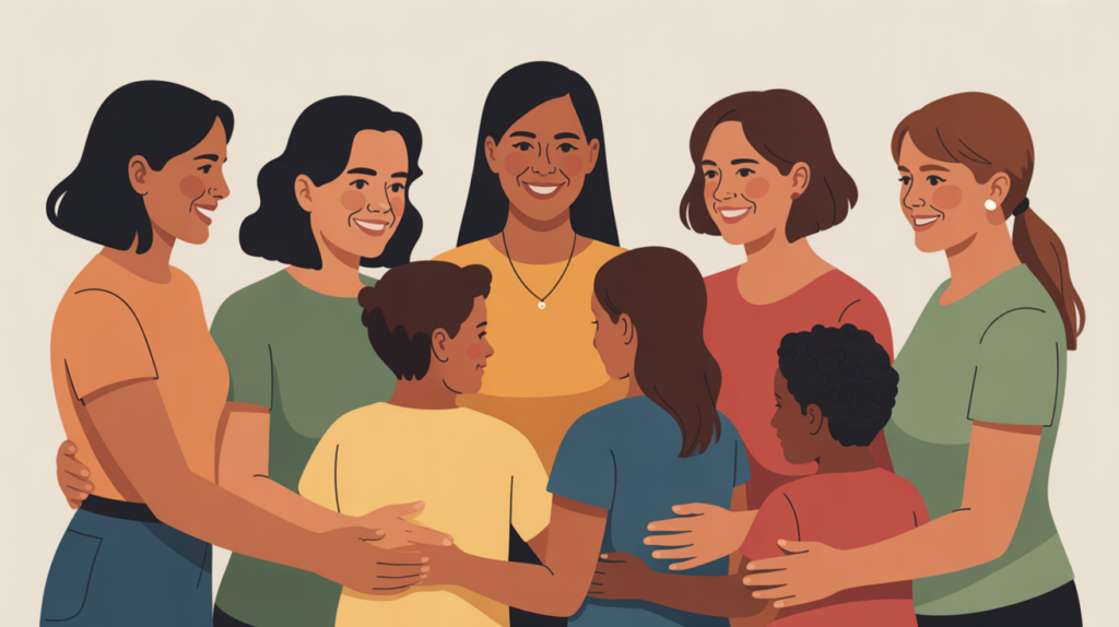 A community of moms supporting each other — connection is one of the most powerful antidotes to mom guilt