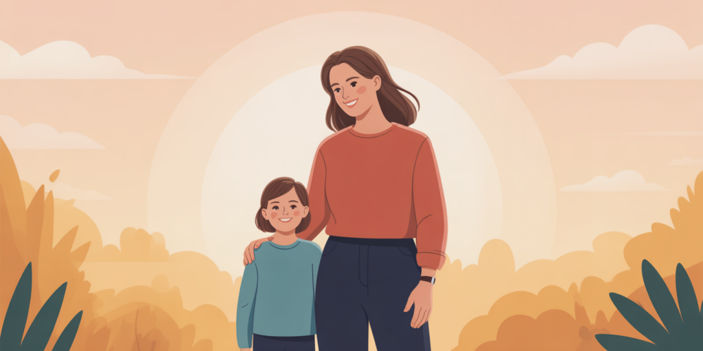 Illustration representing a working mother feeling confident and at peace with her parenting